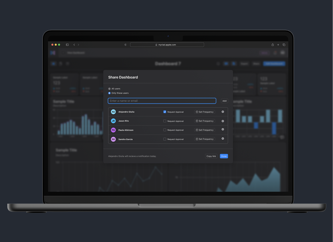 Share Dashboard modal with approval and frequency controls