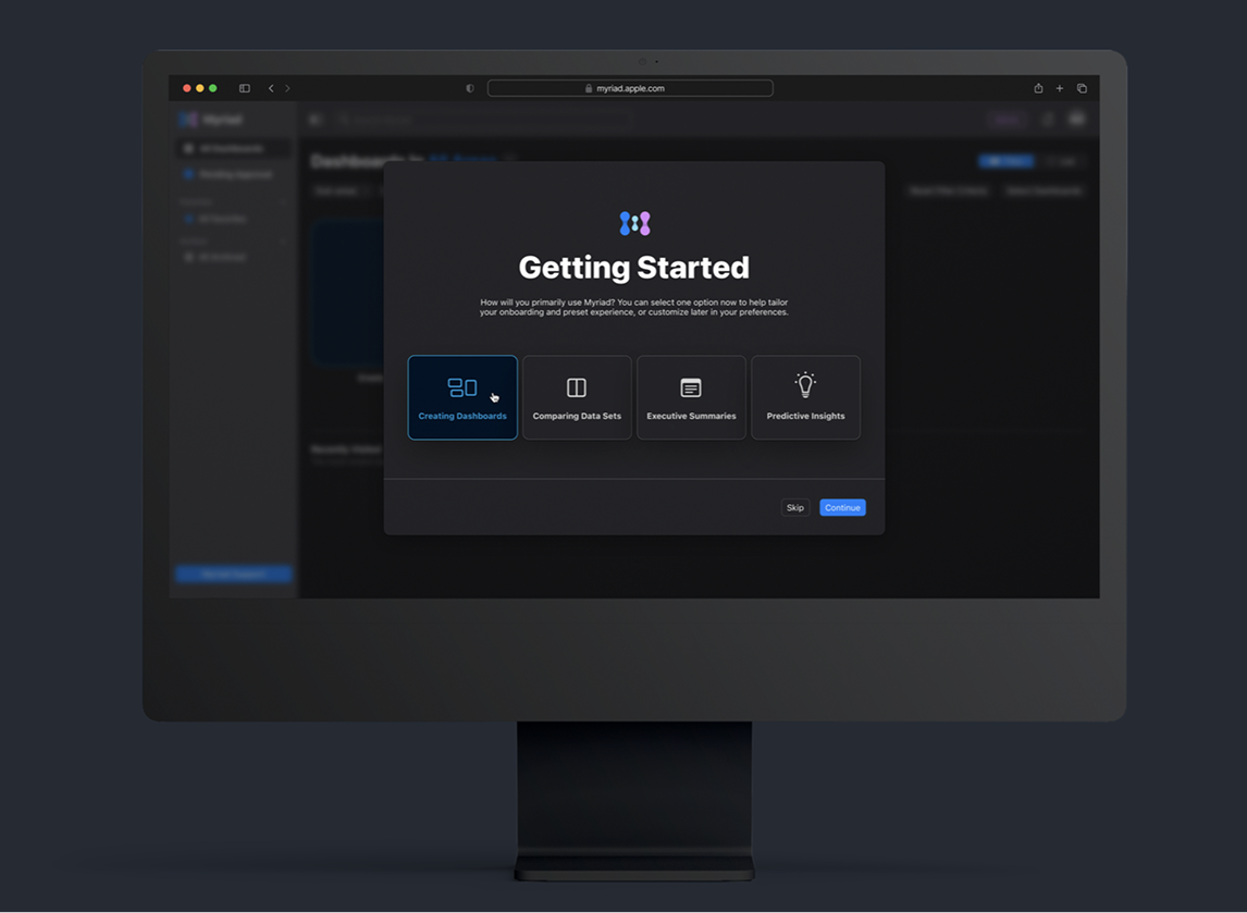 Getting Started modal with use case selection