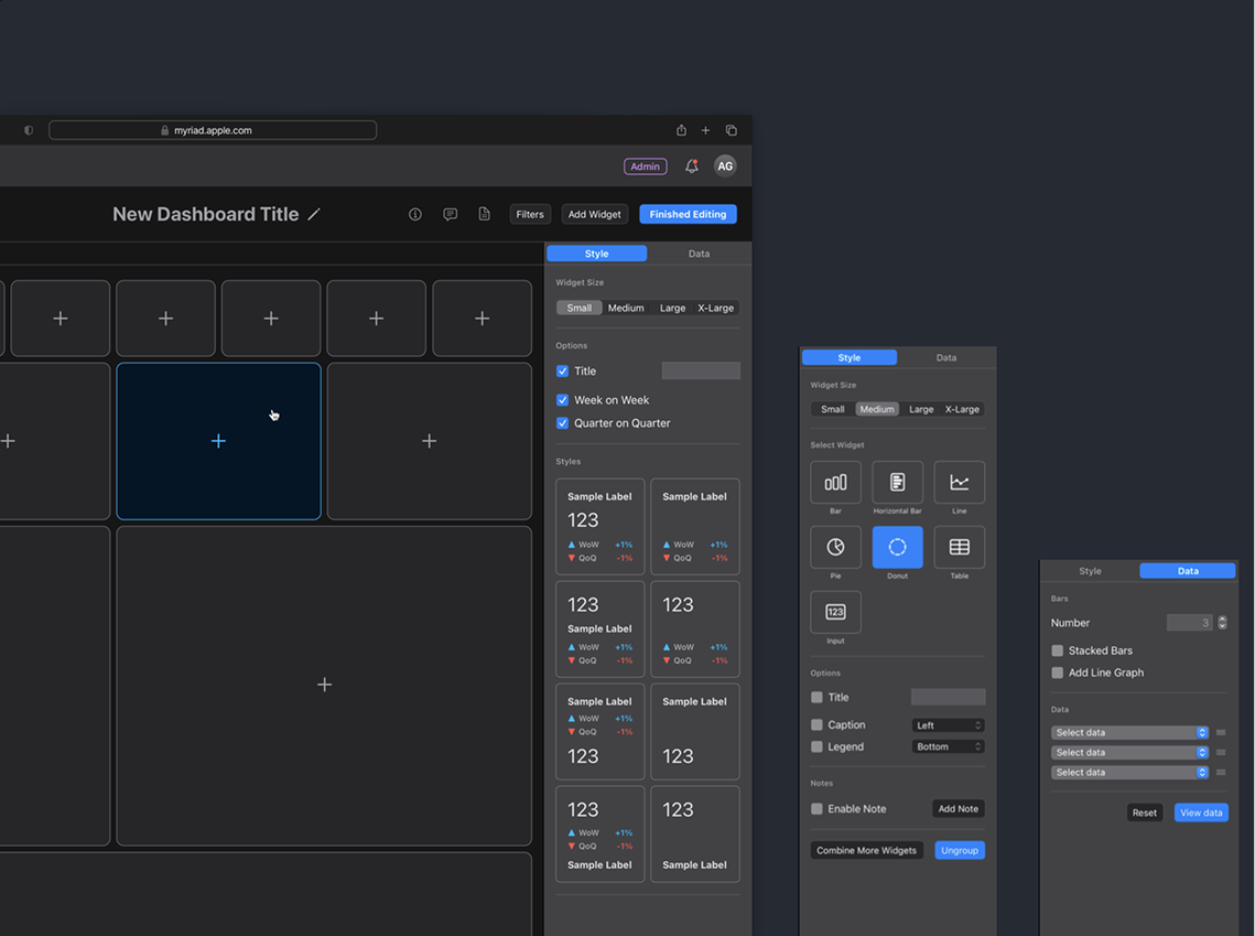 Dashboard editor with sidebar configuration panels