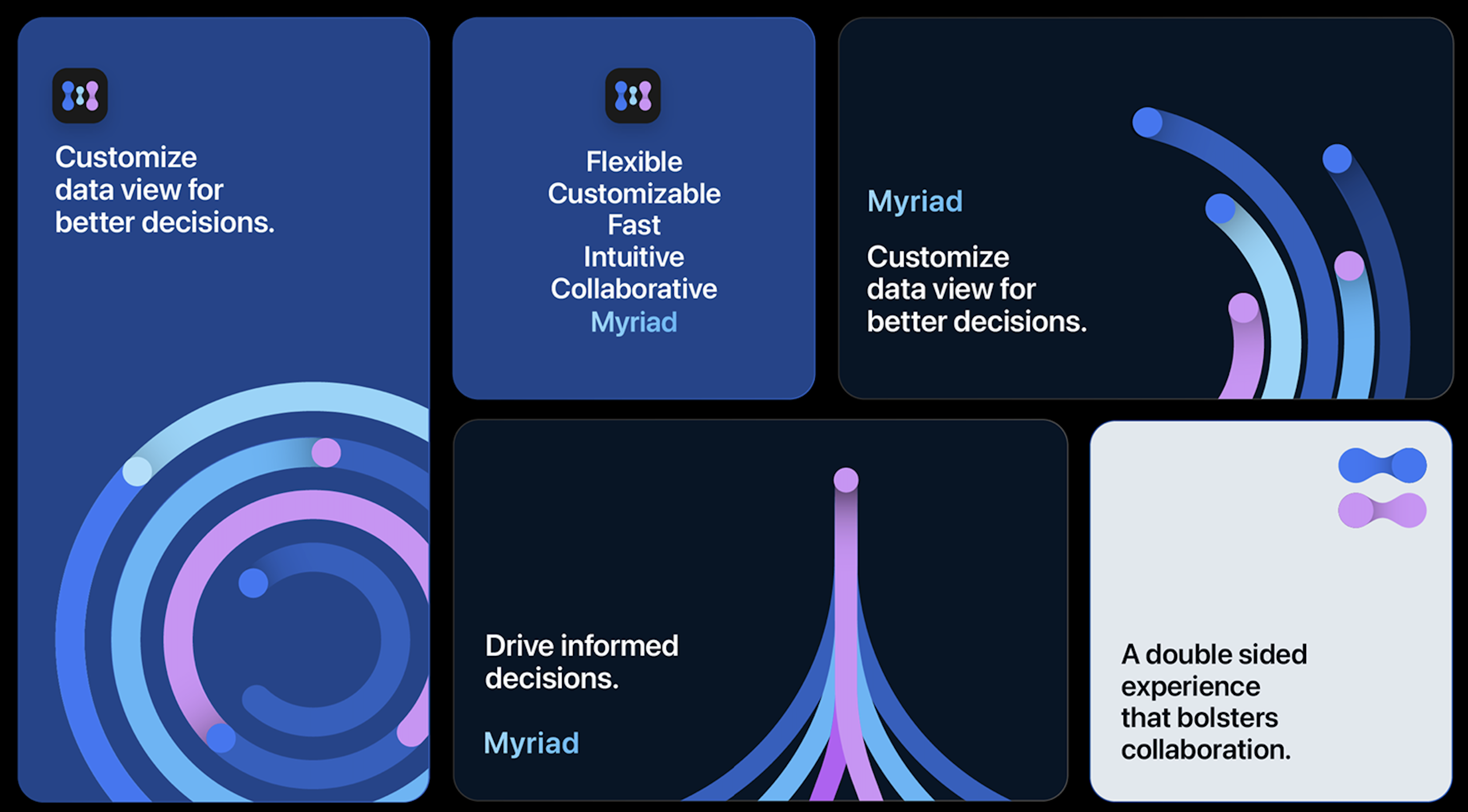 Myriad brand exploration — identity cards, logo variations, and messaging directions