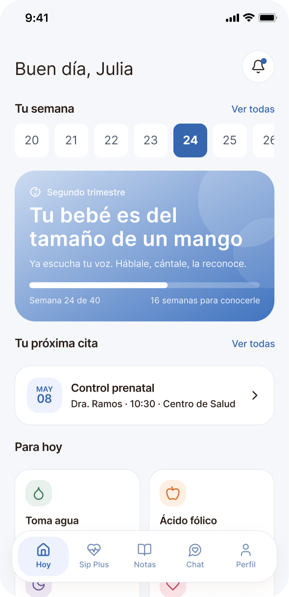 MiSIP home screen with week tracker and appointments